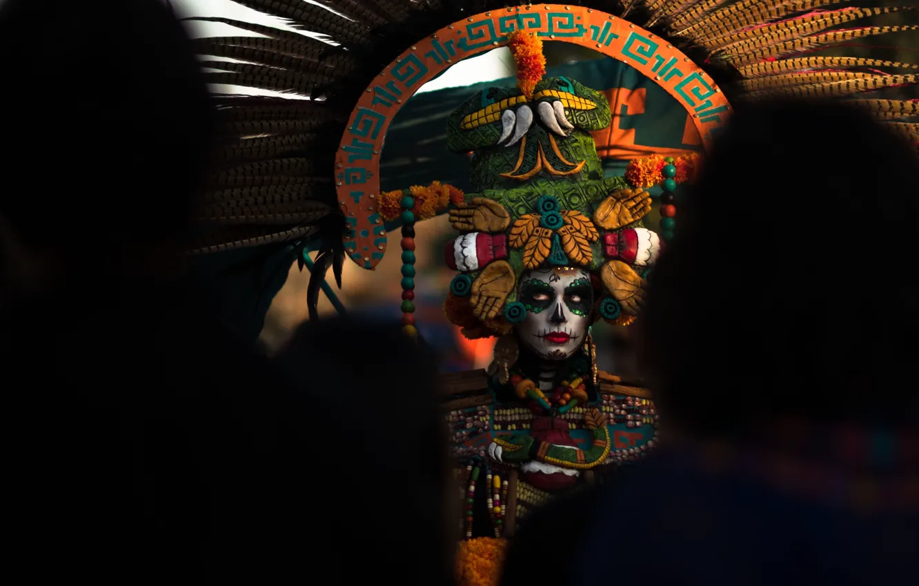 Фото обои девушка, карнавал, тёмный фон, день мёртвых, Dia de los Muertos