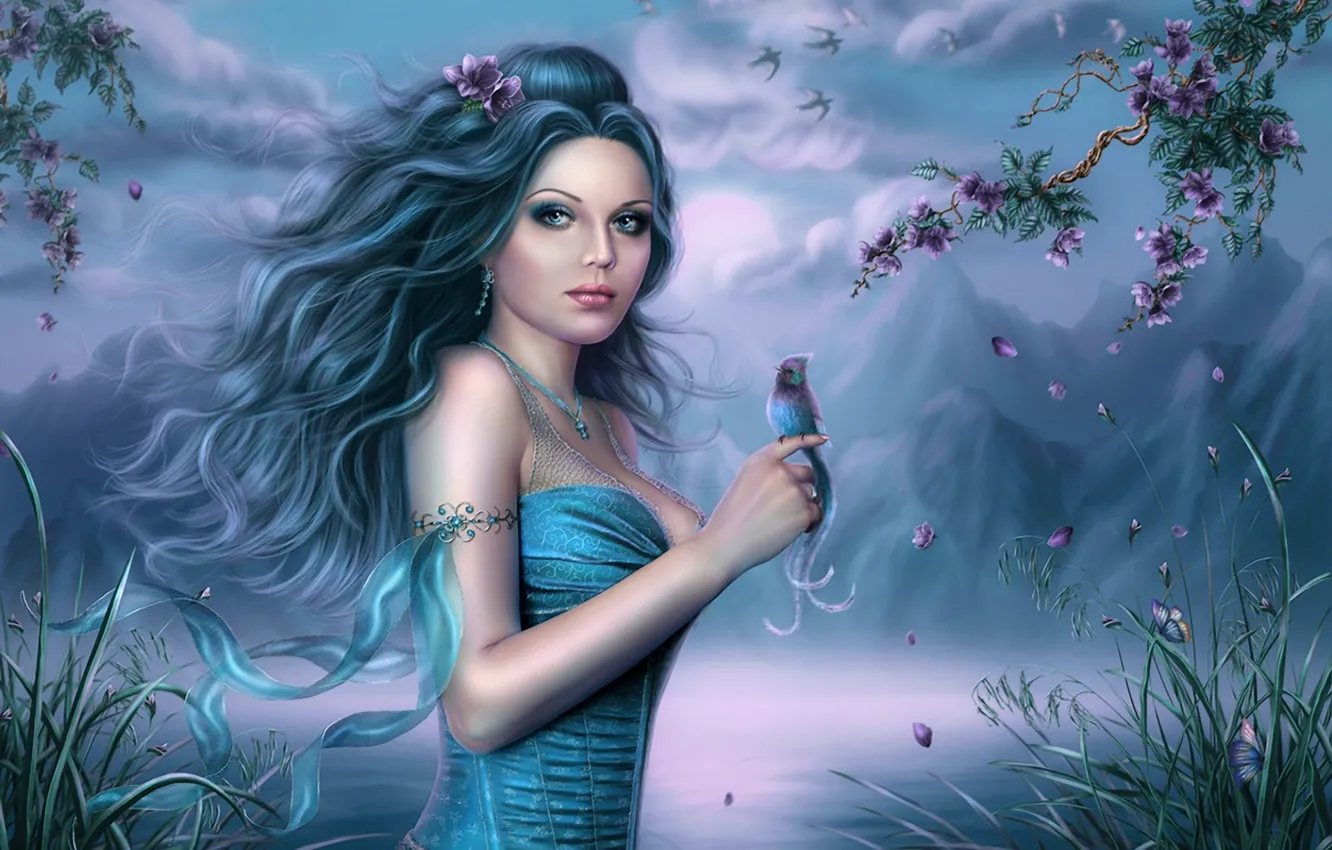 Фото обои девушка, облака, цветы, горы, озеро, пруд, дерево, птица