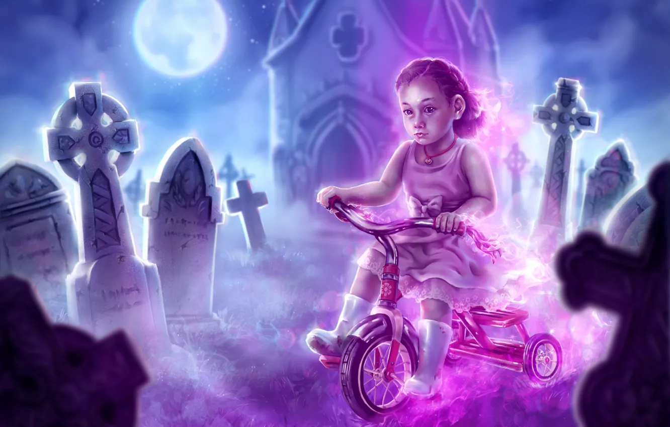 Фото обои велосипед, призрак, девочка, кладбище, склеп