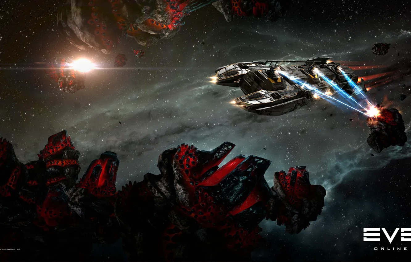 Фото обои туманность, астероиды, Космос, space, космический корабль, eve online, добыча, space ship