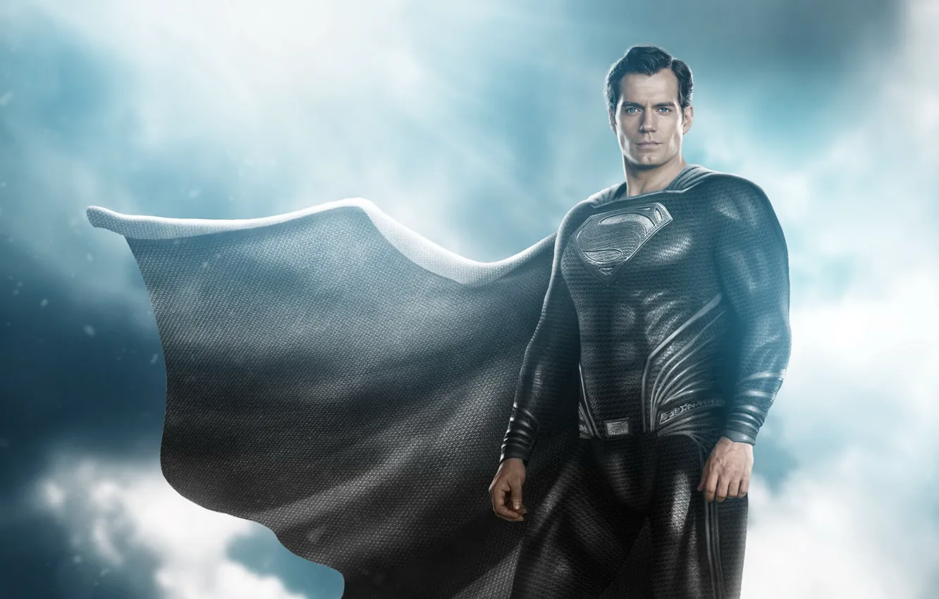 Фото обои небо, чёрный, костюм, superman, плащ, супермен, Генри Кавилл, человек из стали