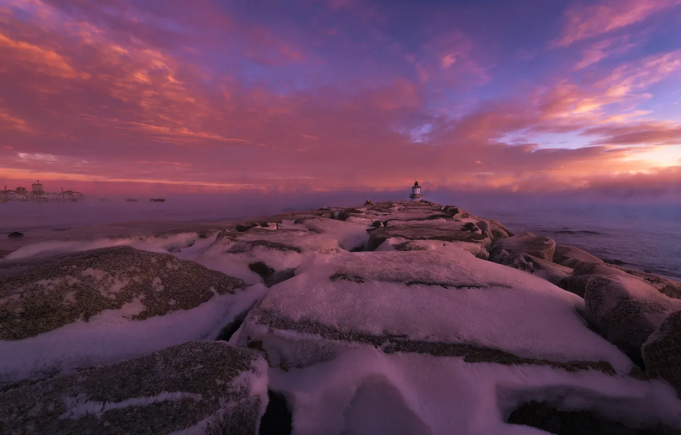 Фото обои ice, rock, coast, sunset, winter, fog, lighthouse