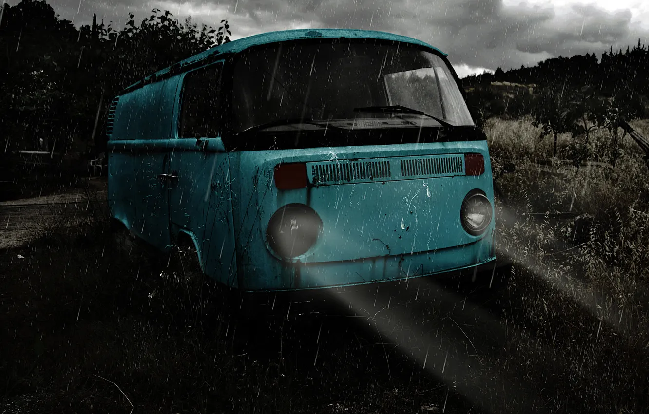 Фото обои свет, машины, ночь, дождь, настроение, volkswagen