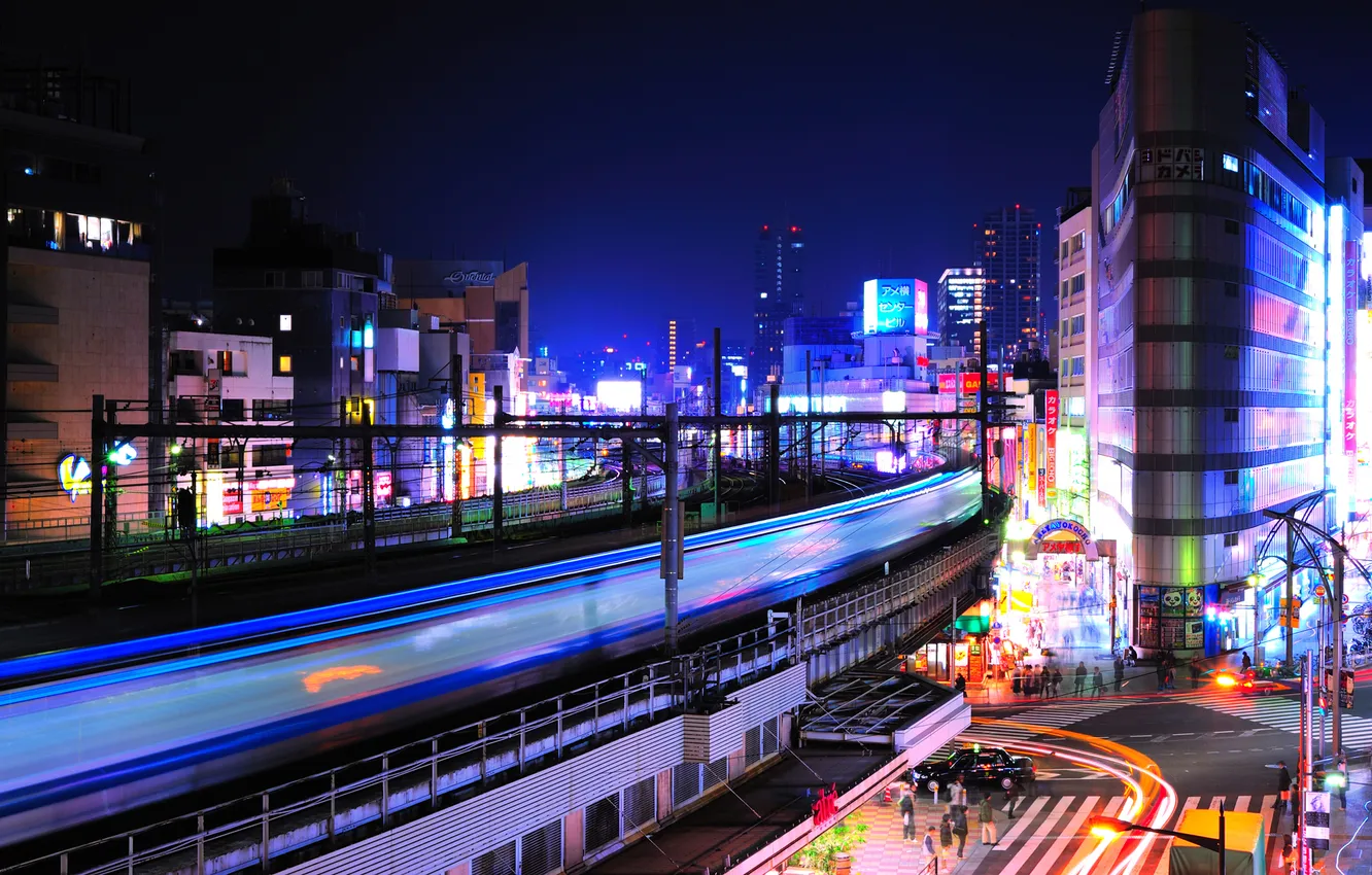 Фото обои ночь, огни, здания, Токио, deviantart, burningmonk, железнодорожная станция Ueno