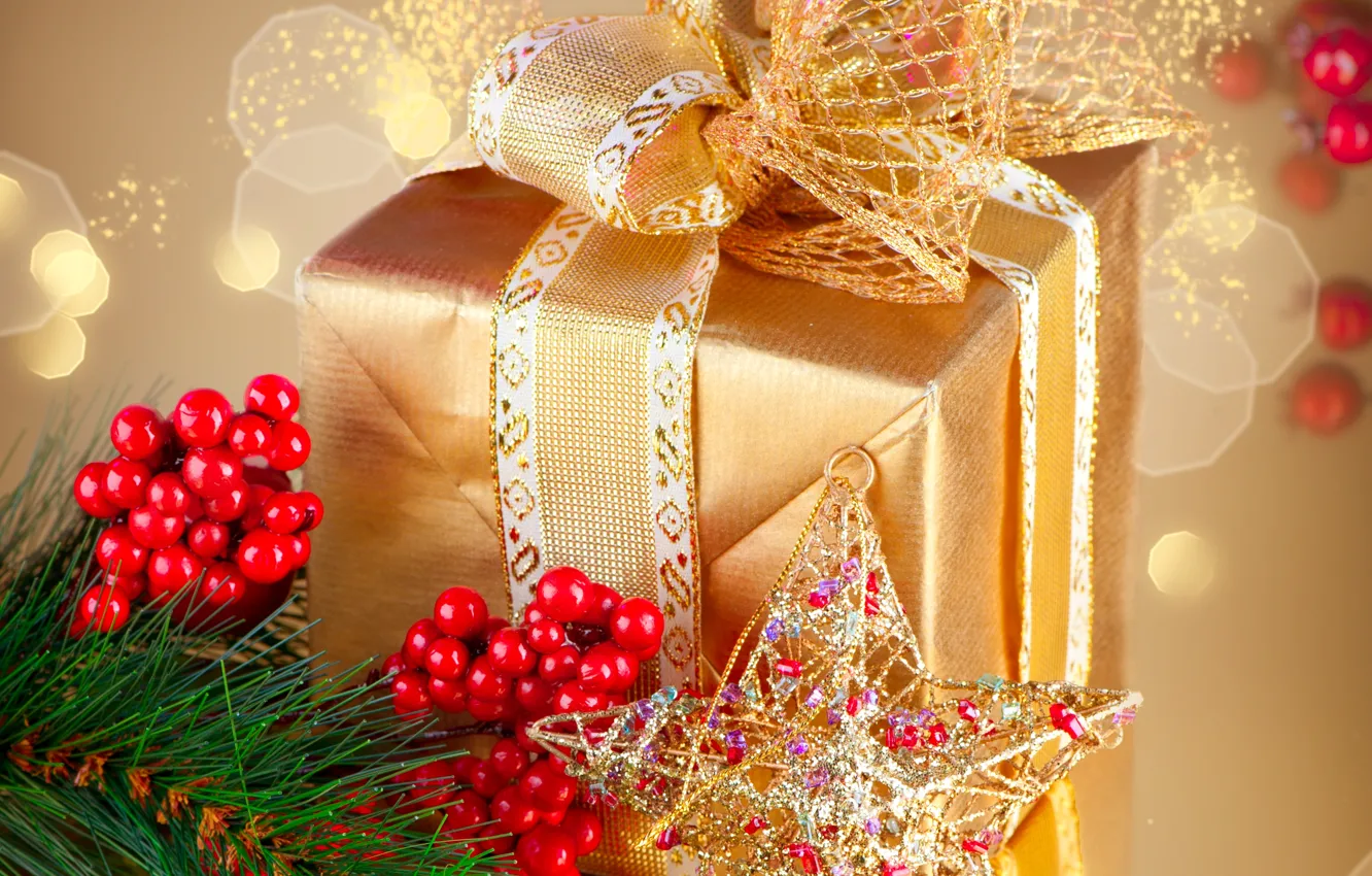 Фото обои украшения, золото, подарок, Рождество, Новый год, golden, Christmas, box