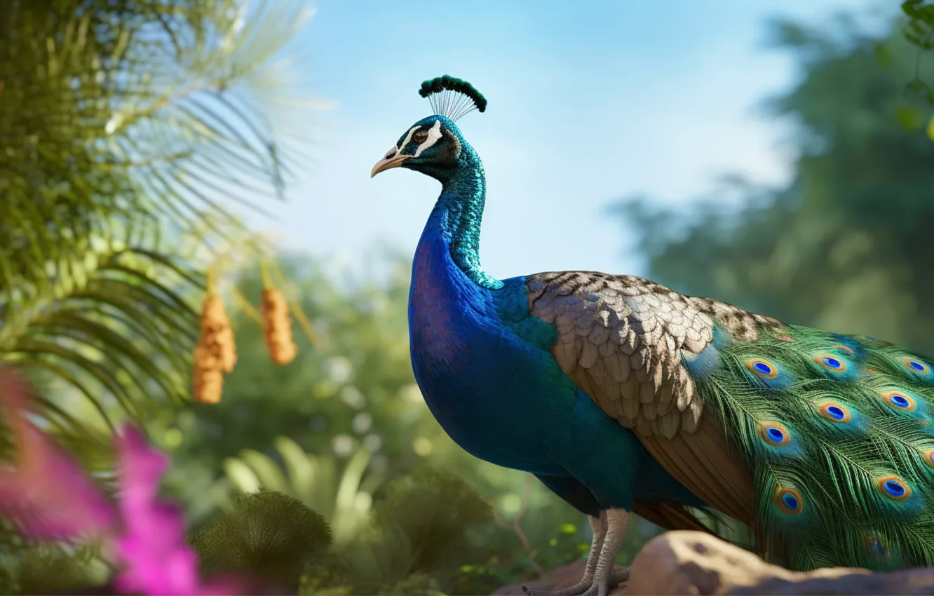 Фото обои взгляд, цветы, природа, птица, хвост, павлин, ИИ-арт, НЕЙРОСЕТЬ