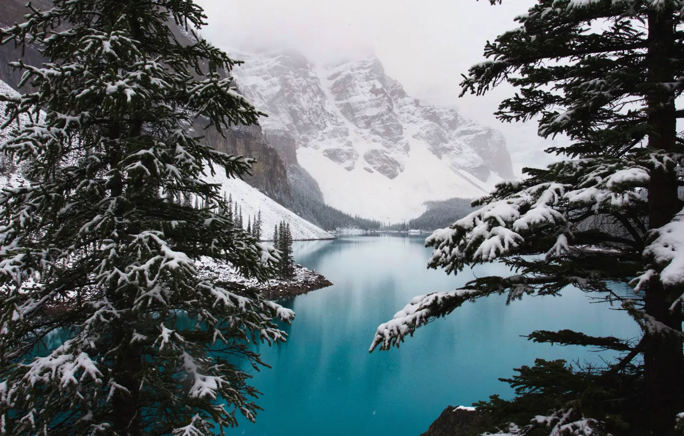 Фото обои зима, снег, деревья, горы, природа, озеро, скалы, Канада