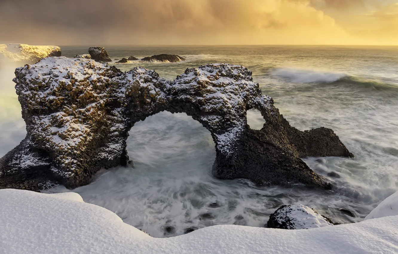 Фото обои зима, скалы, берег, Iceland, Snaefellsnesog Hnappadalssysla