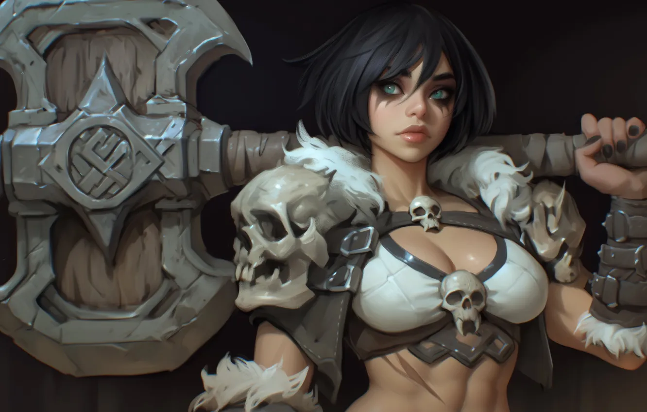 Фото обои axe, skull, girl, fantasy, armor, Warrior, blue eyes, digital art