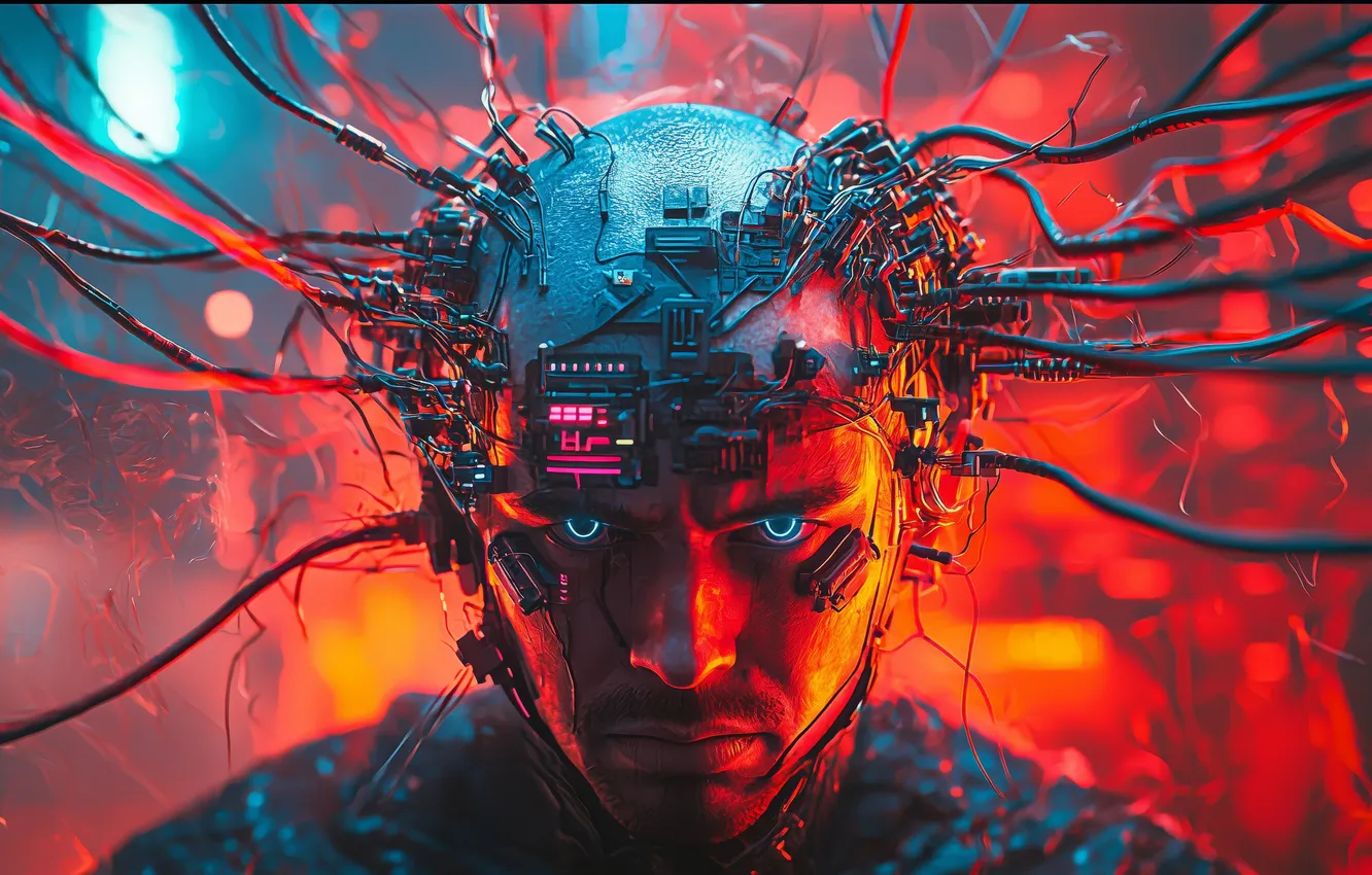 Фото обои лицо, colorful, мужчина, киборг, киберпанк, blue eyes, cyberpunk, men