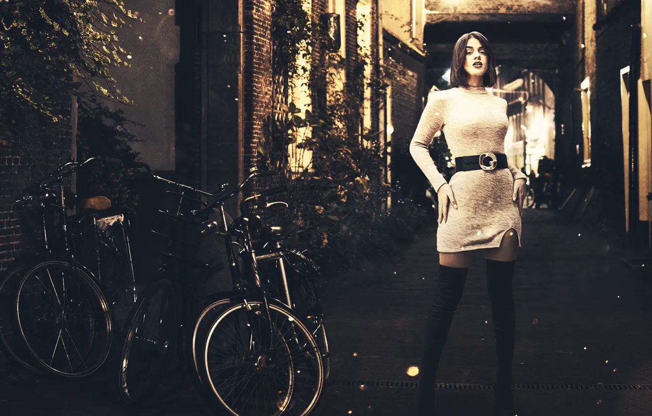 Фото обои девушка, велосипед, город, поза, улица, юбка, вечер, платье