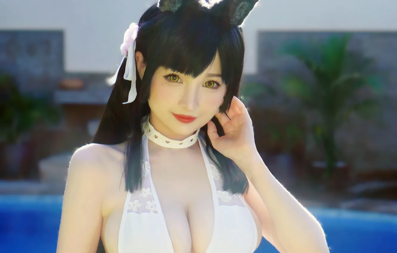 Фото обои girl, sexy, cleavage, long hair, boobs, animal ears, smile, beautiful