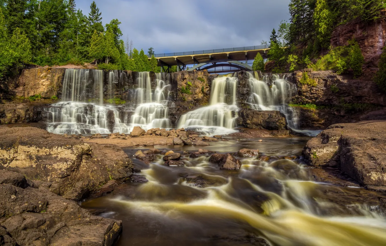 Фото обои мост, река, водопад, каскад, Миннесота, Minnesota, Gooseberry Falls, Gooseberry Falls State Park