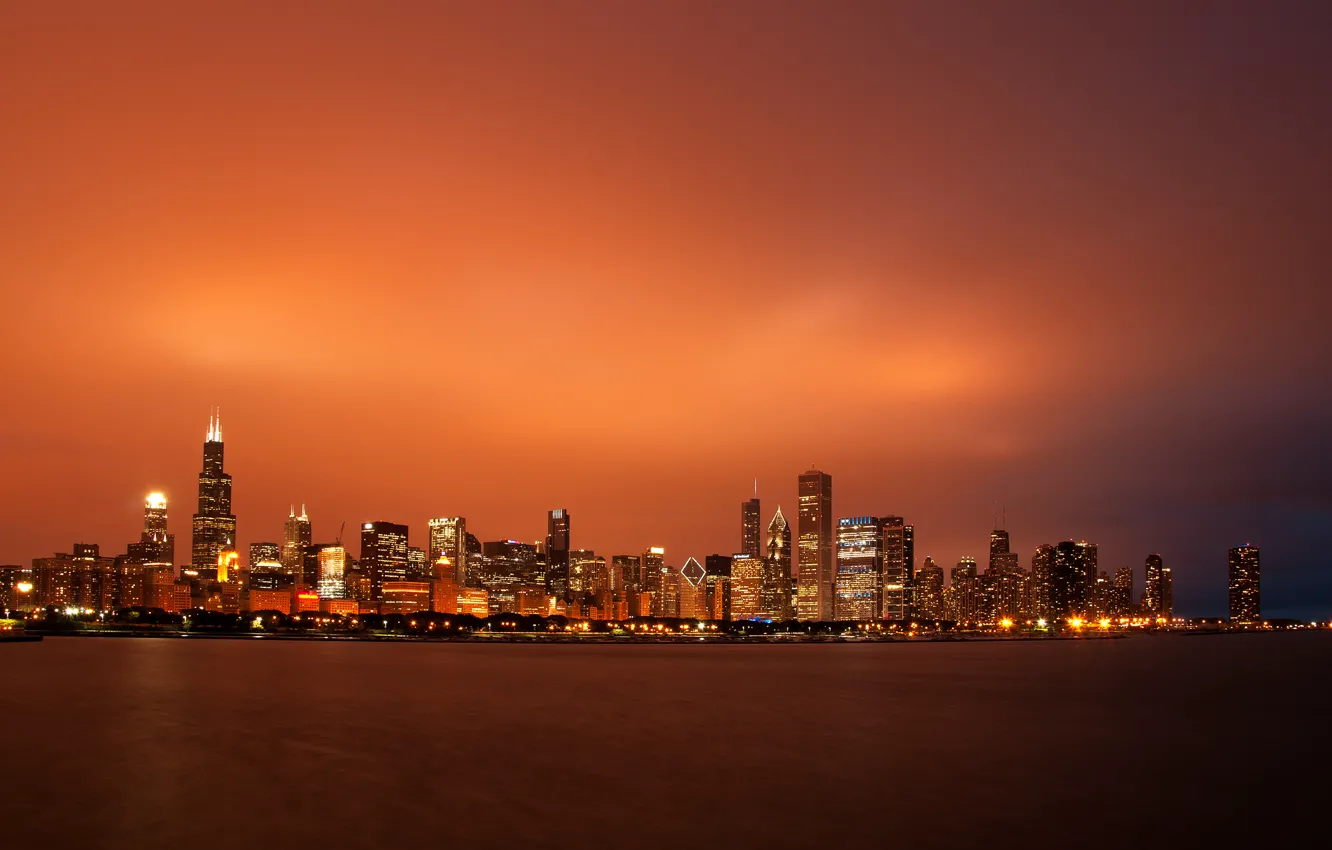 Фото обои небо, закат, небоскребы, вечер, Чикаго, USA, Chicago, мегаполис