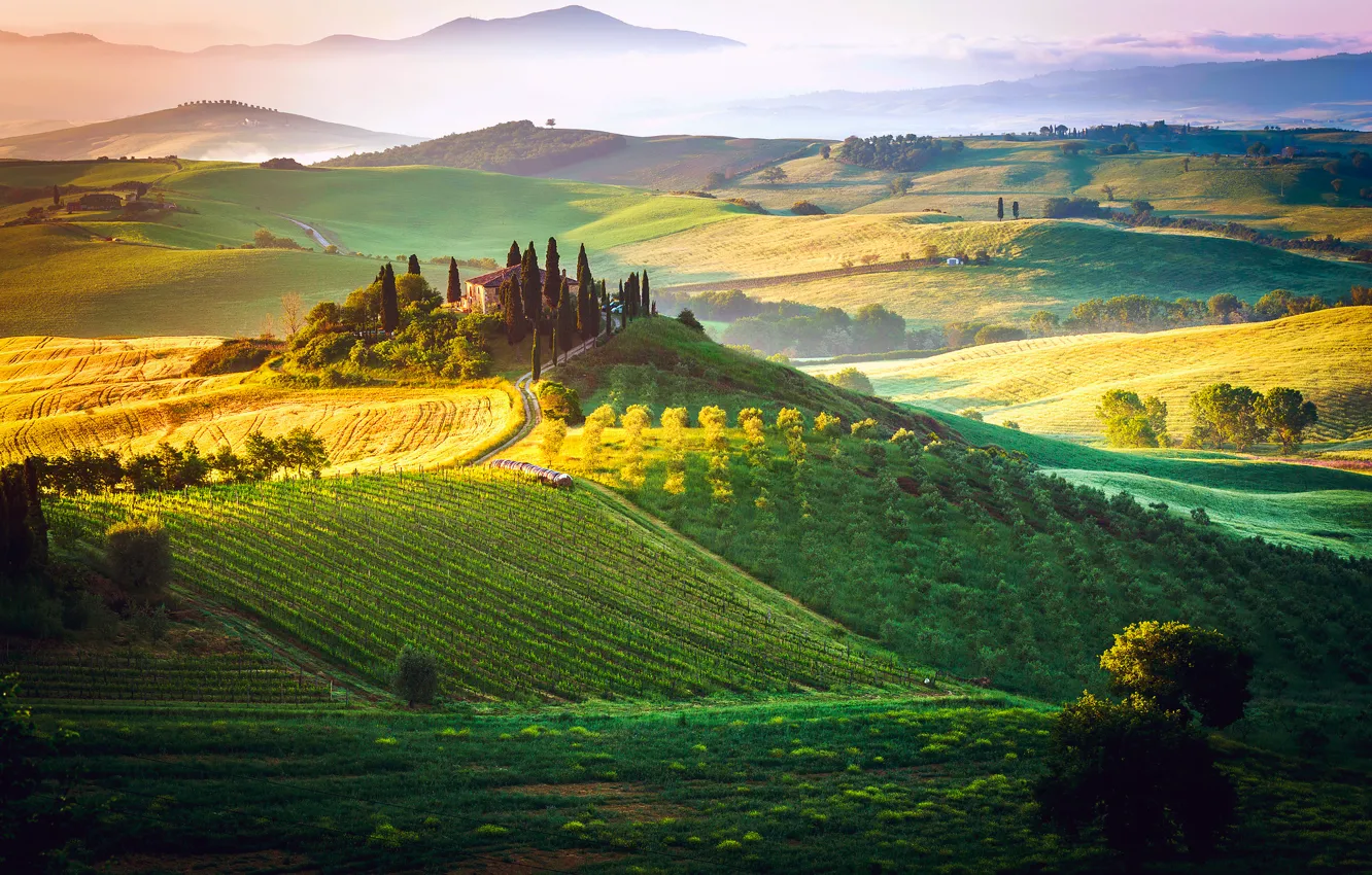 Фото обои небо, туман, поля, Италия, усадьба, дача, Тоскана, The Tuscan Dream