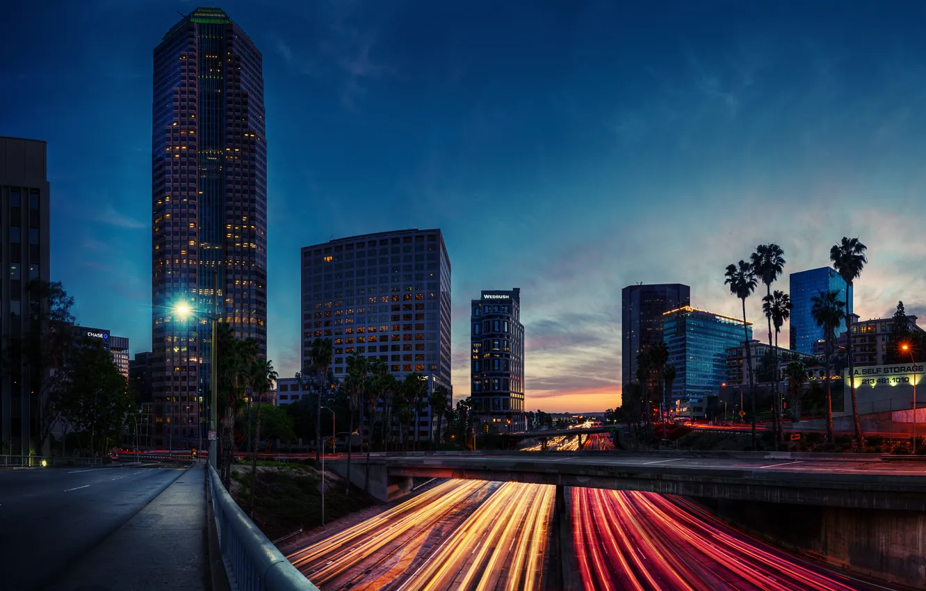 Фото обои дорога, ночь, огни, вечер, выдержка, Калифорния, США, Los Angeles