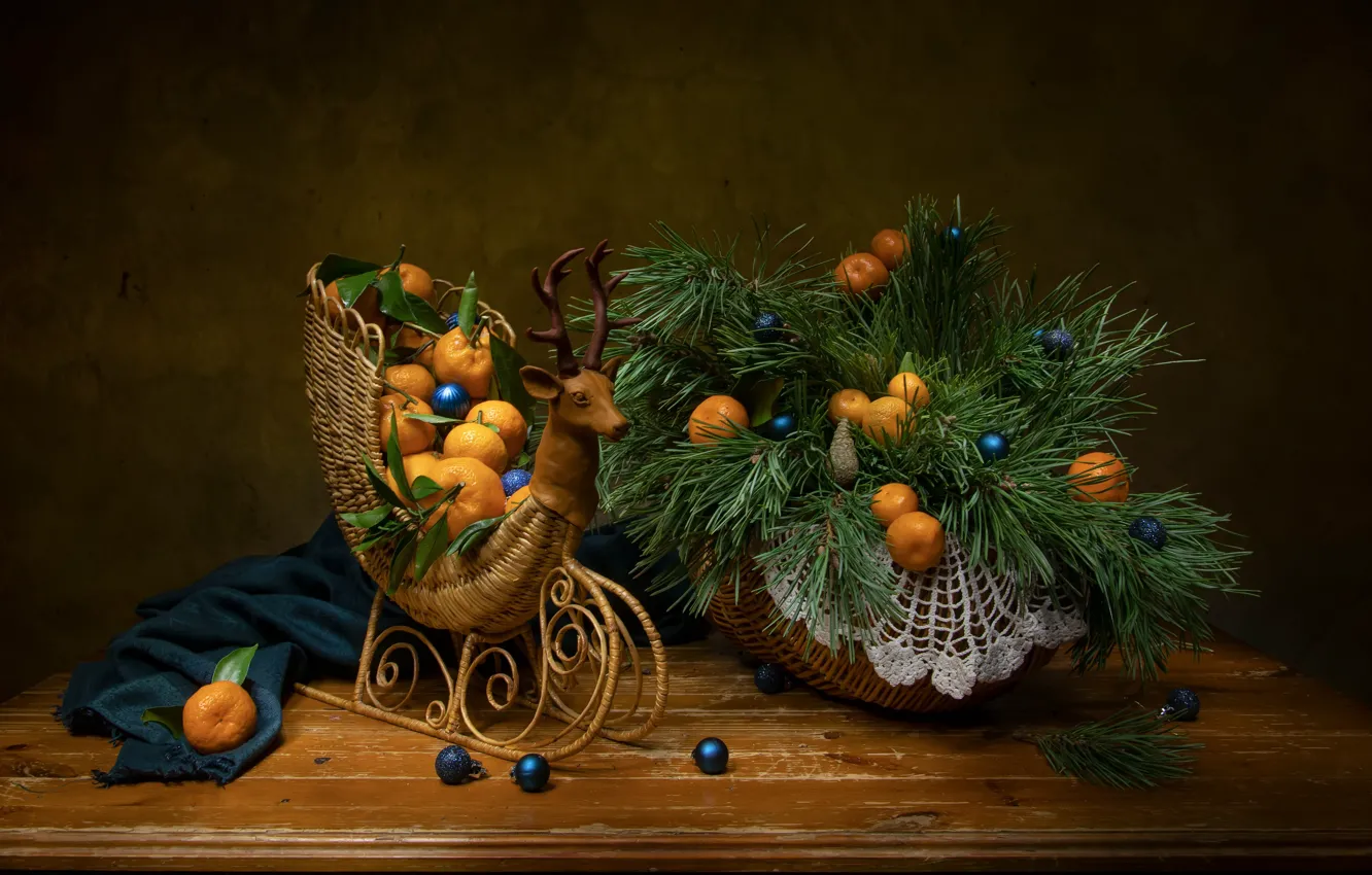 Фото обои шарики, ветки, праздник, корзина, новый год, ткань, натюрморт, сосна