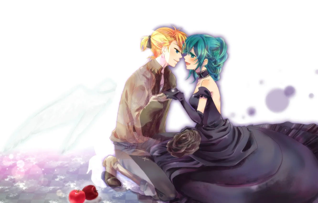Фото обои девушка, романтика, яблоки, роза, аниме, арт, парень, Vocaloid