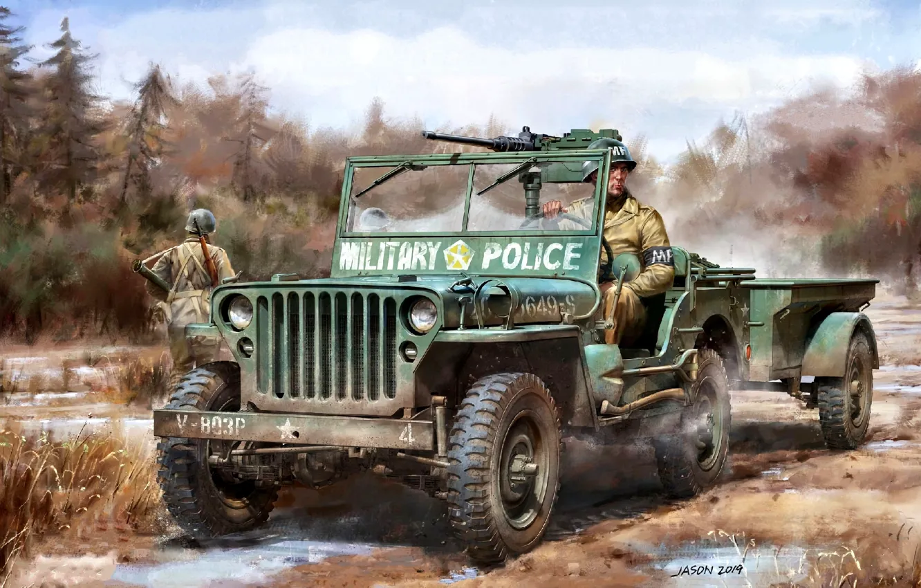 Фото обои США, Водитель, повышенной проходимости, Willys MB, Browning M2, Военная полиция, армейский автомобиль