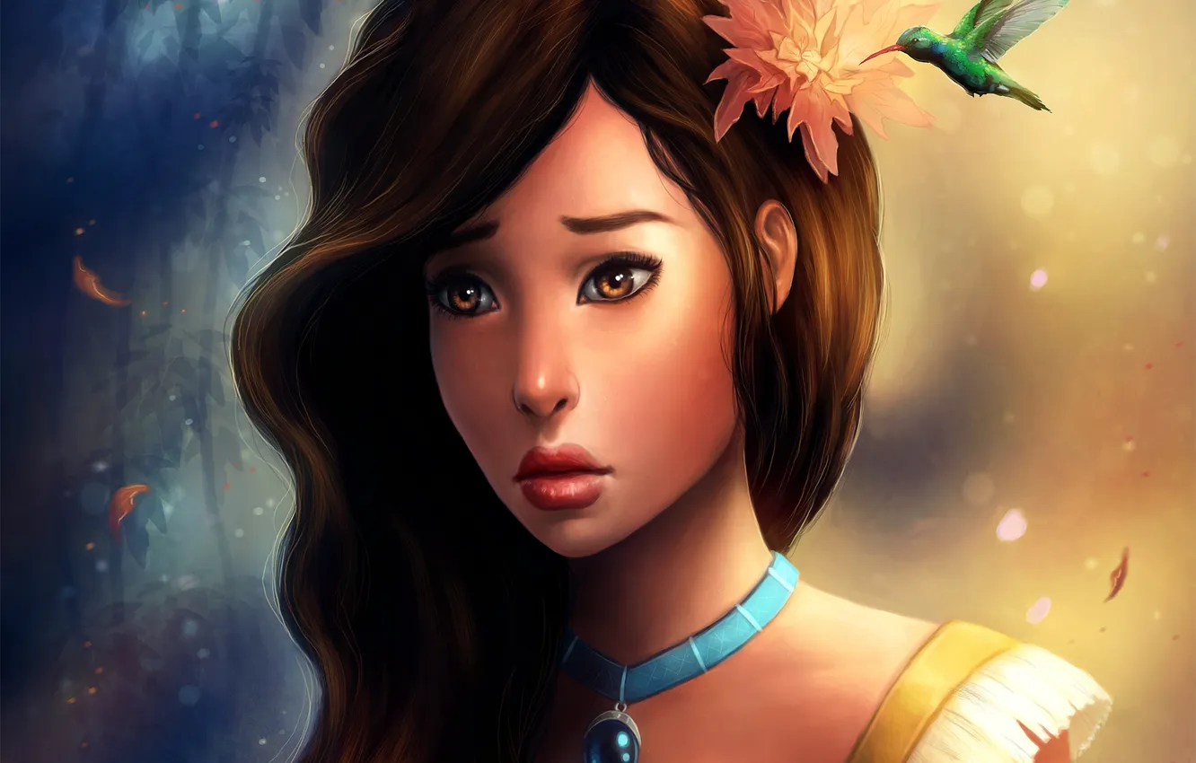 Фото обои цветок, девушка, лицо, птица, колибри, арт, кулон, Pocahontas