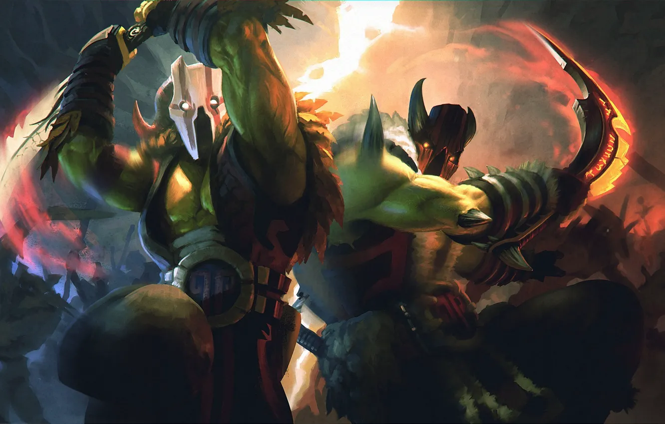 Фото обои арт, битва, маски, воины, Dota 2, Juggernaut, Yurnero, yakonusuke
