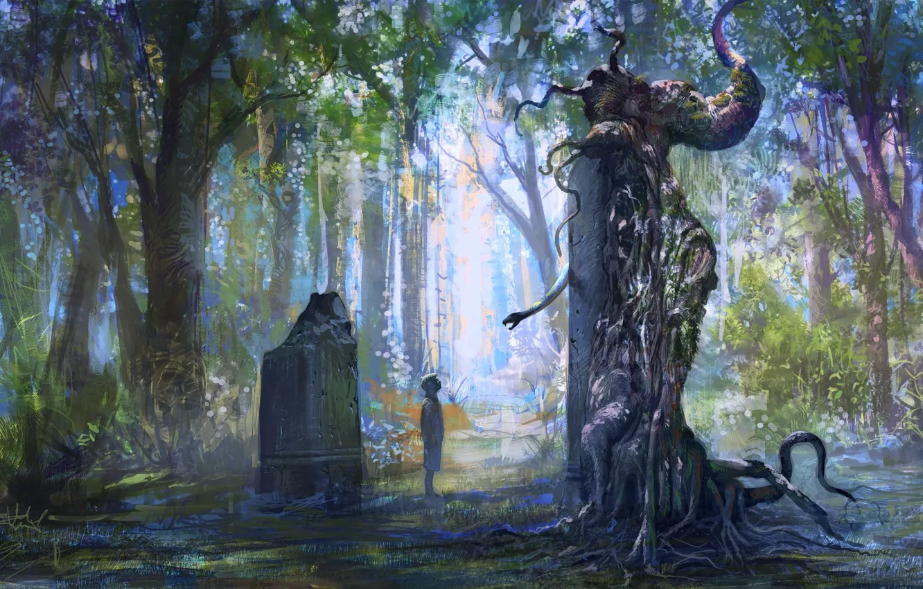 Фото обои лес, деревья, листва, камень, змея, мальчик, памятник, статуя