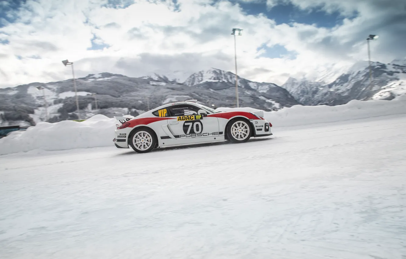 Фото обои машина, снег, горы, спорткар, ралли, Porsche Cayman GT4 rally