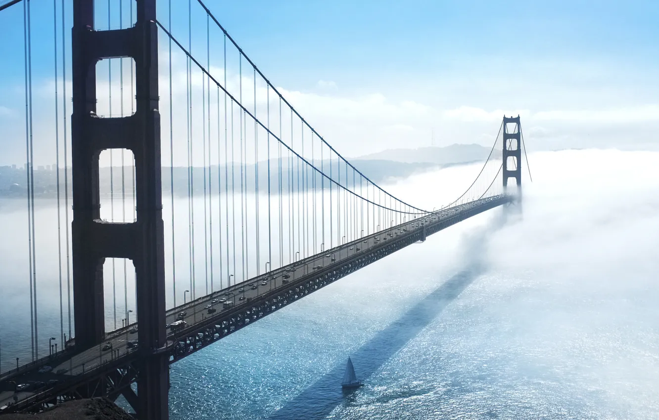 Фото обои туман, пролив, Мост, Сан-Франциско, Золотые Ворота, Golden Gate Bridge, San Francisco