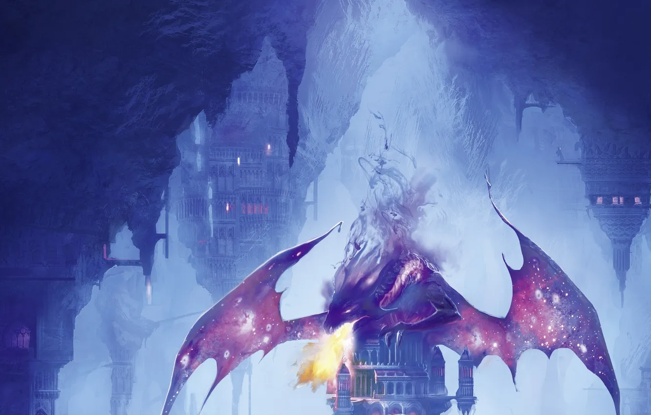 Фото обои замок, огонь, дракон, крылья, арт, башни, fire, art