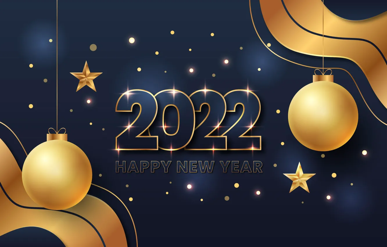 Фото обои шарики, шары, цифры, Новый год, звёздочки, синий фон, 2022