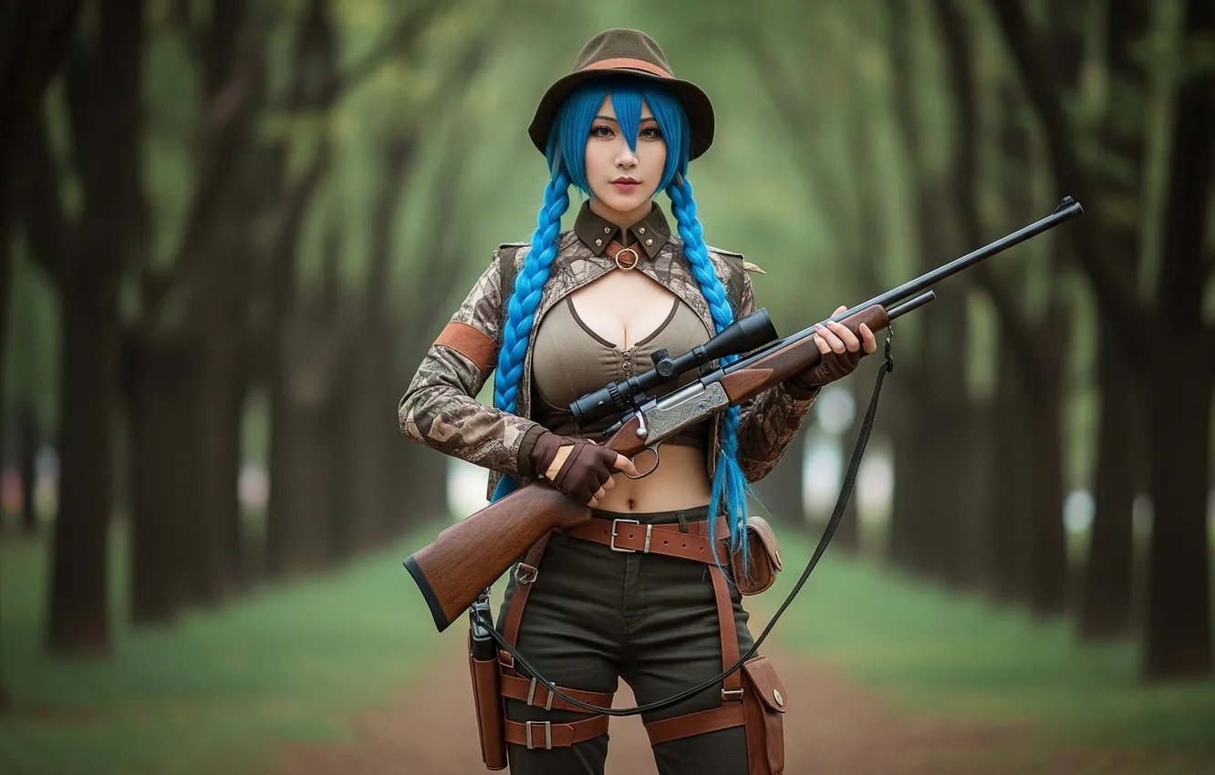 Фото обои forest, Asian, rifles, blue hair, AI art