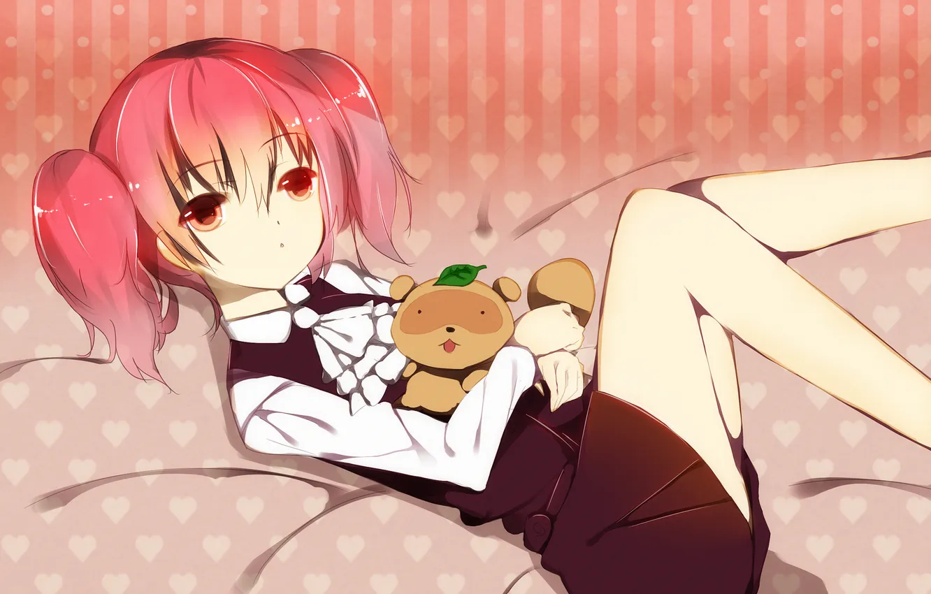 Фото обои взгляд, девушка, ноги, игрушка, листик, лежит, anime, art