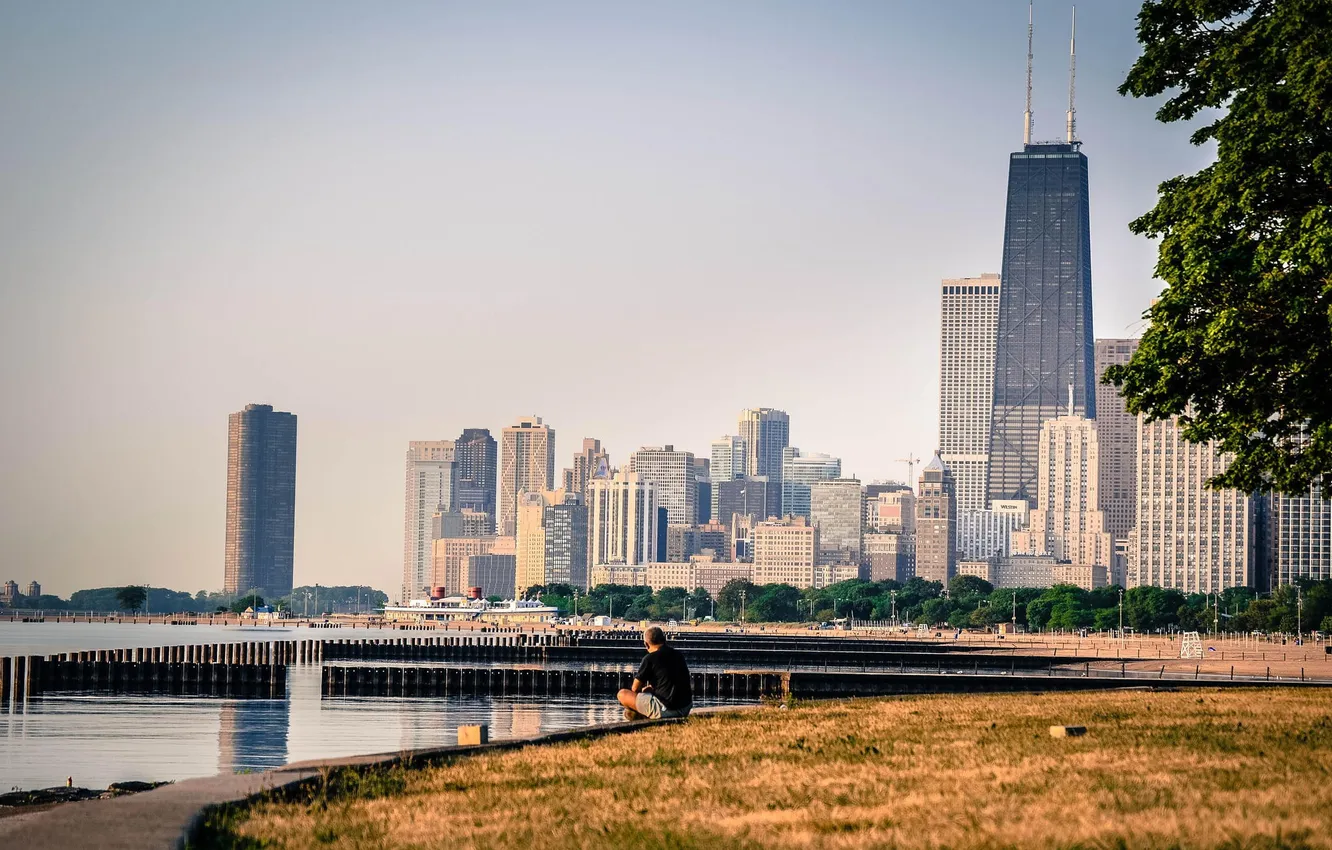 Фото обои город, река, здания, небоскребы, Чикаго, Мичиган