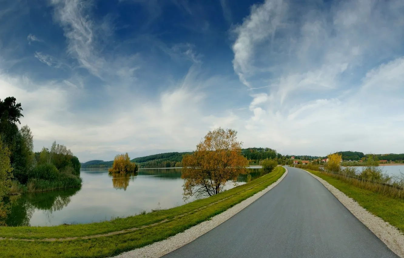 Фото обои дорога, осень, лес, небо, деревья, пейзаж, природа, река