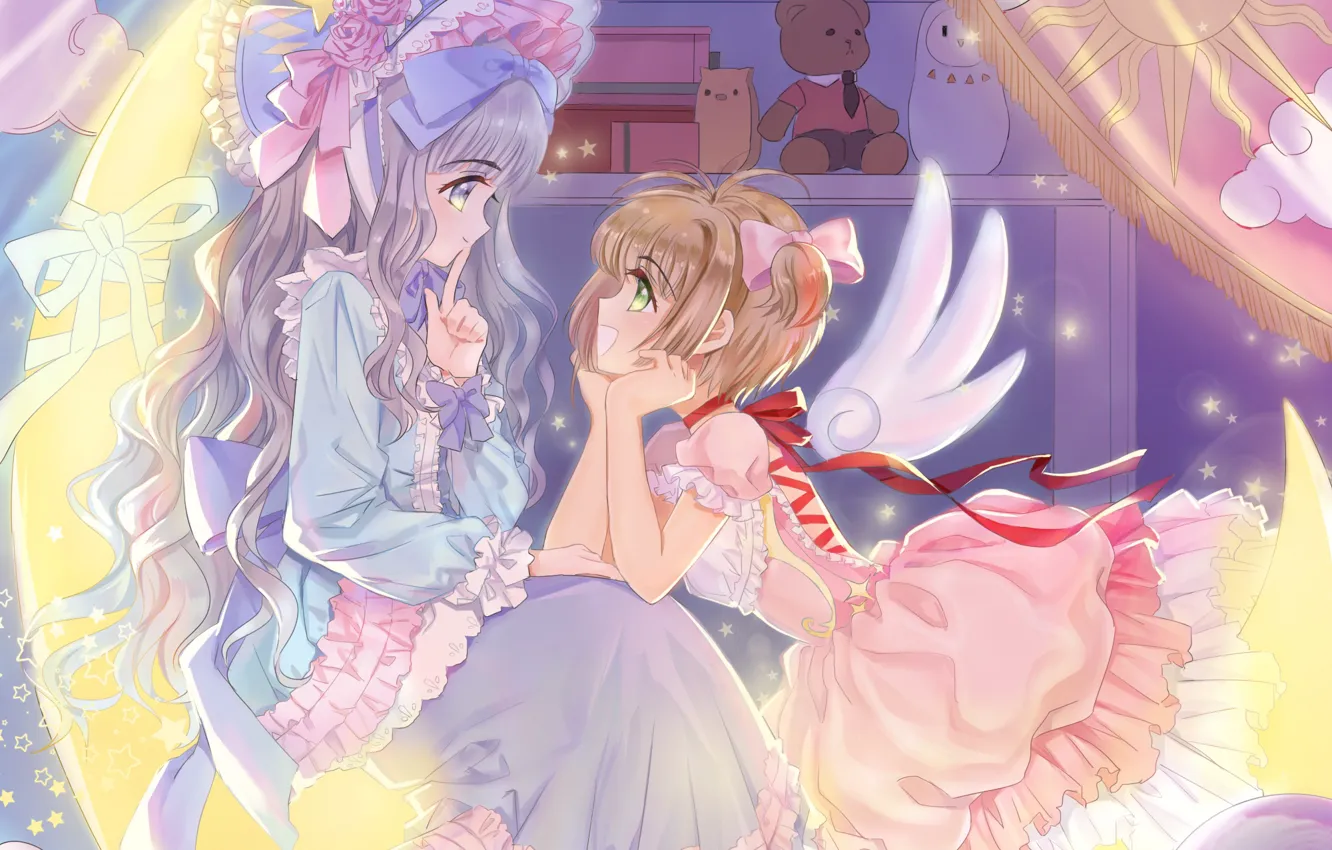 Фото обои солнце, девочки, крылья, ангел, месяц, Card Captor Sakura, Сакура - собирательница карт