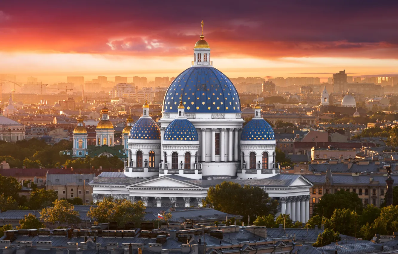 Фото обои рассвет, здания, дома, утро, Санкт-Петербург, храм, Россия, купола