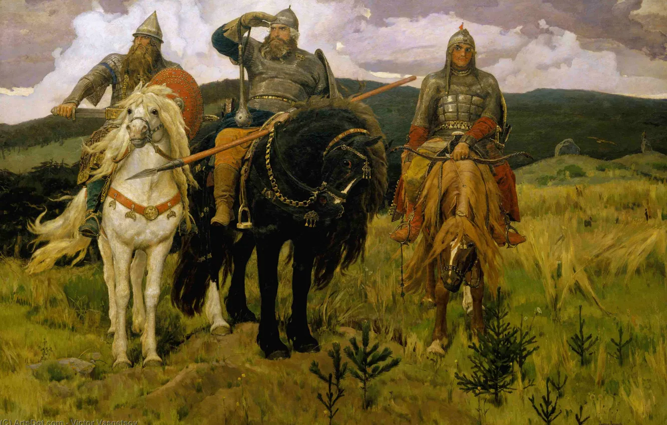 Фото обои кони, сказка, классика, Васнецов Виктор Михайлович, богатыри, былины, фольклор