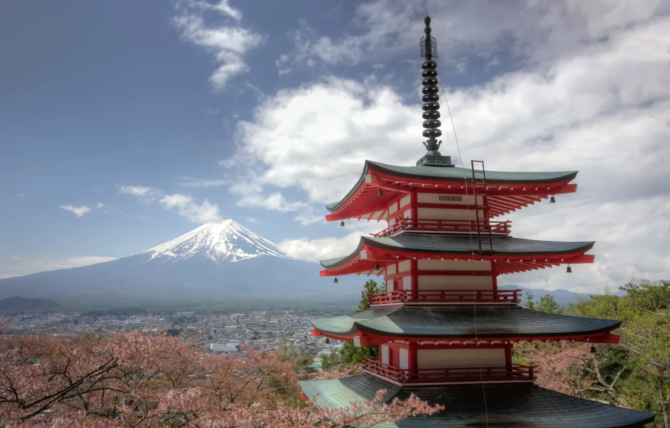 Фото обои гора, вулкан, Япония, сакура, Фудзи, панорама, пагода, Japan
