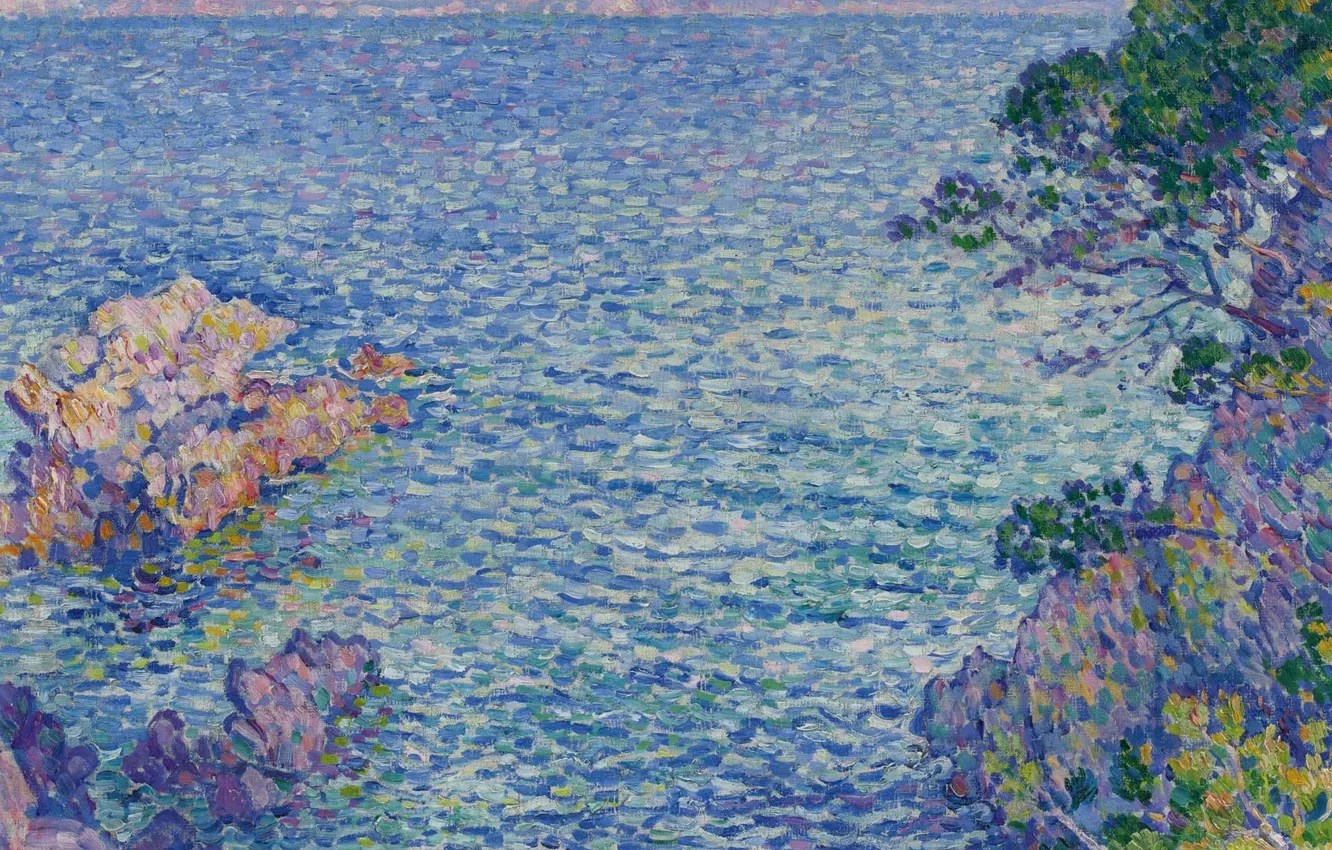 Фото обои пейзаж, картина, 1904, пуантилизм, Theo van Rysselberghe, Тео ван Рейссельберге, Пуант дю Росиньоль