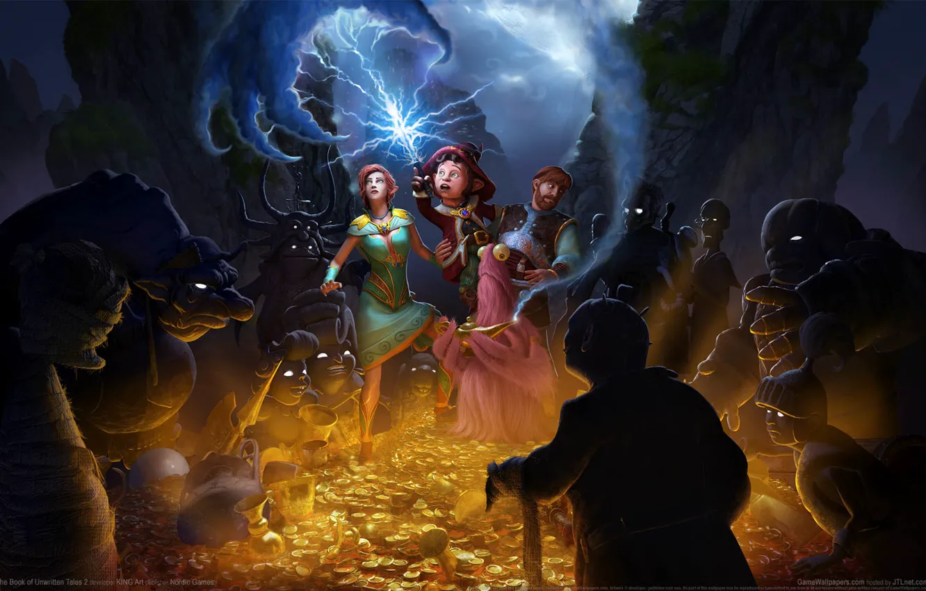 Фото обои золото, монстр, фэнтези, герой, клад, game wallpapers, The Book of Unwritten Tales 2