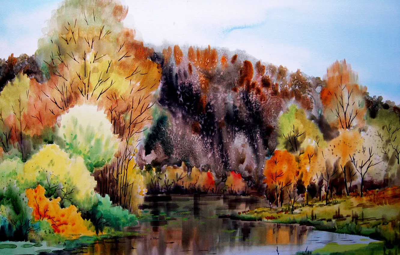 Фото обои river, landscape, tree, Water color painting