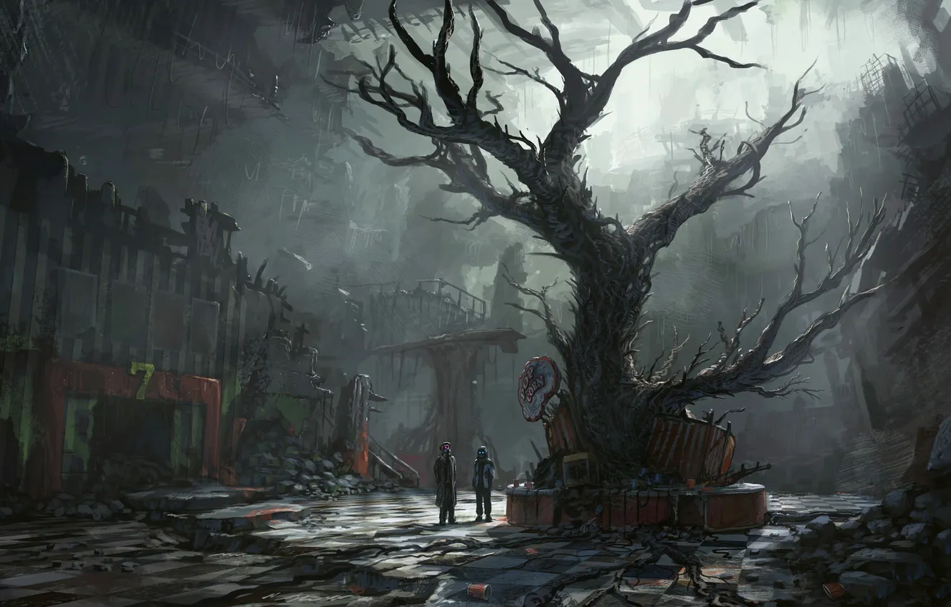 Фото обои дерево, сумрак, арт, руины, романтика апокалипсиса, romantically apocalyptic, лианы