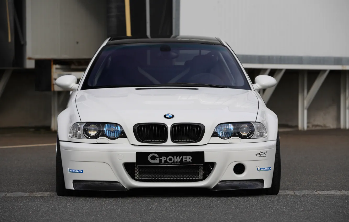 Фото обои белый, тюнинг, bmw, бмв, white, передок, g-power, e46