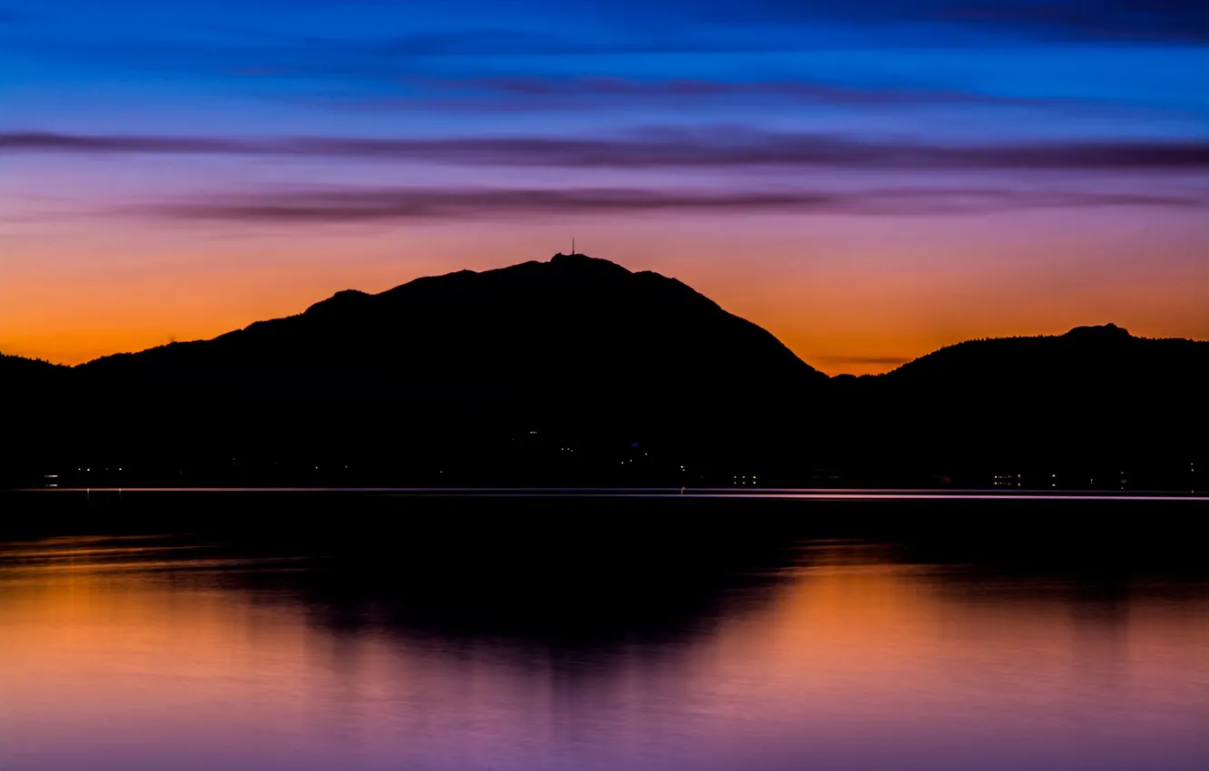 Фото обои twilight, mountains, lake, evening, dusk, reflection, blue hour, antenna
