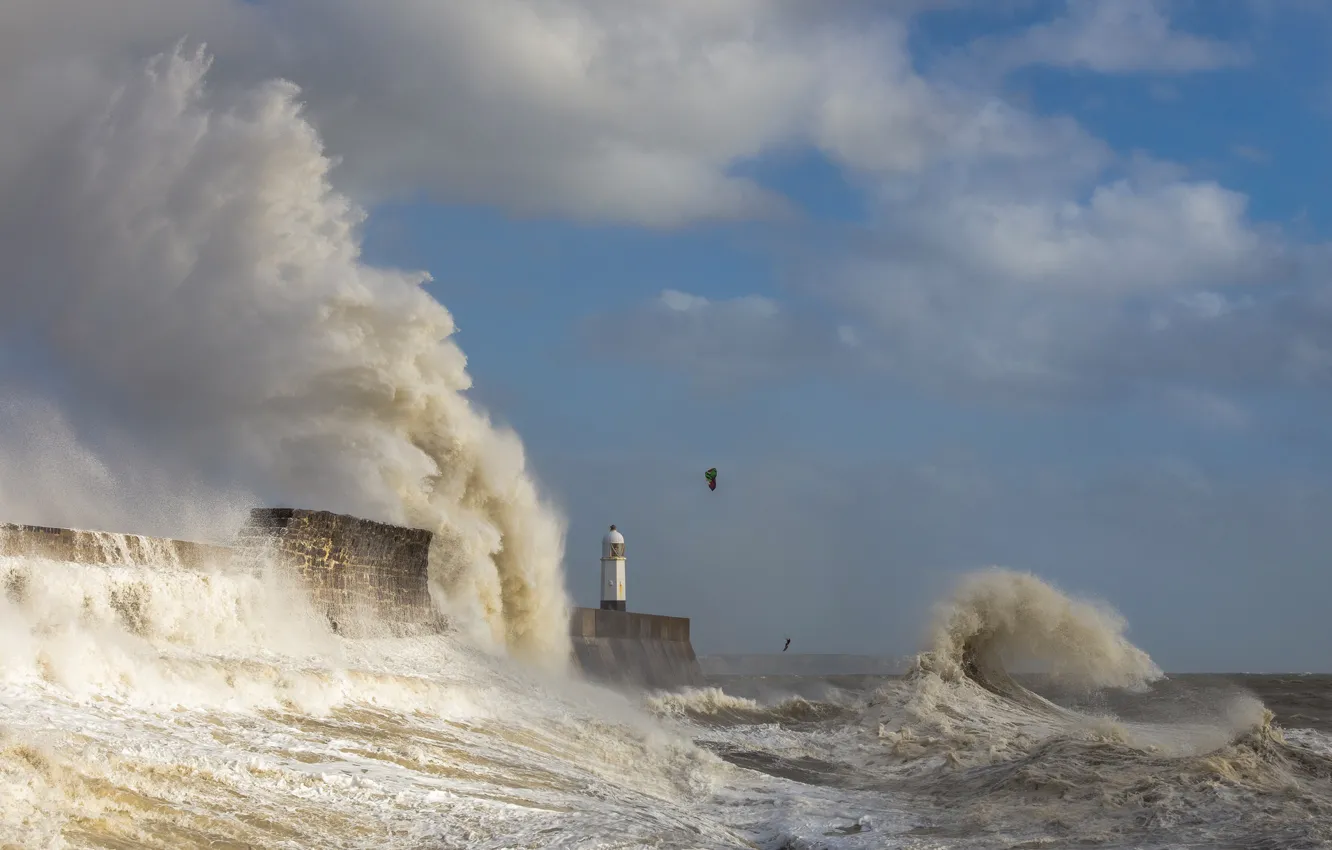 Фото обои шторм, маяк, Уэльс, Порткол