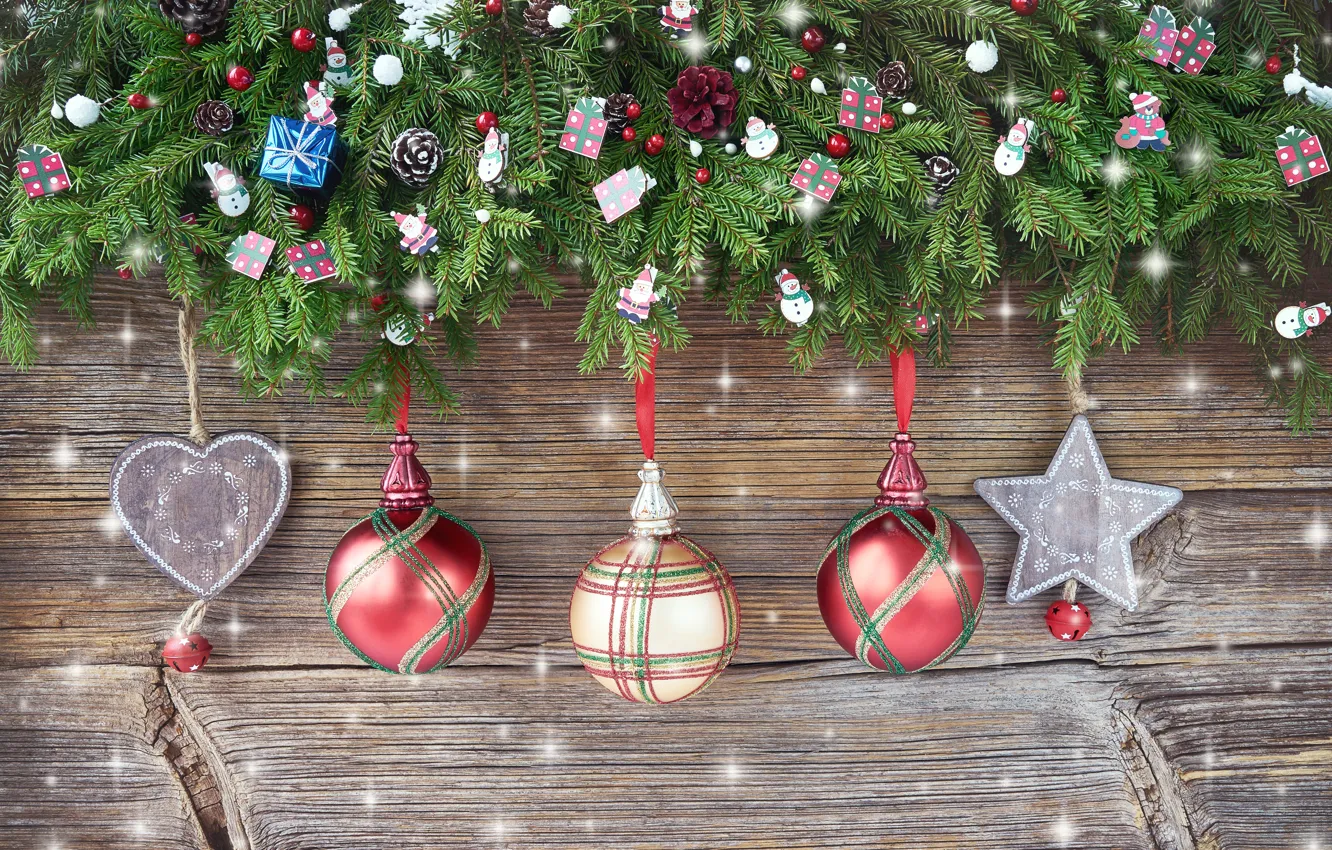 Фото обои украшения, шары, Новый Год, Рождество, Christmas, balls, wood, snow