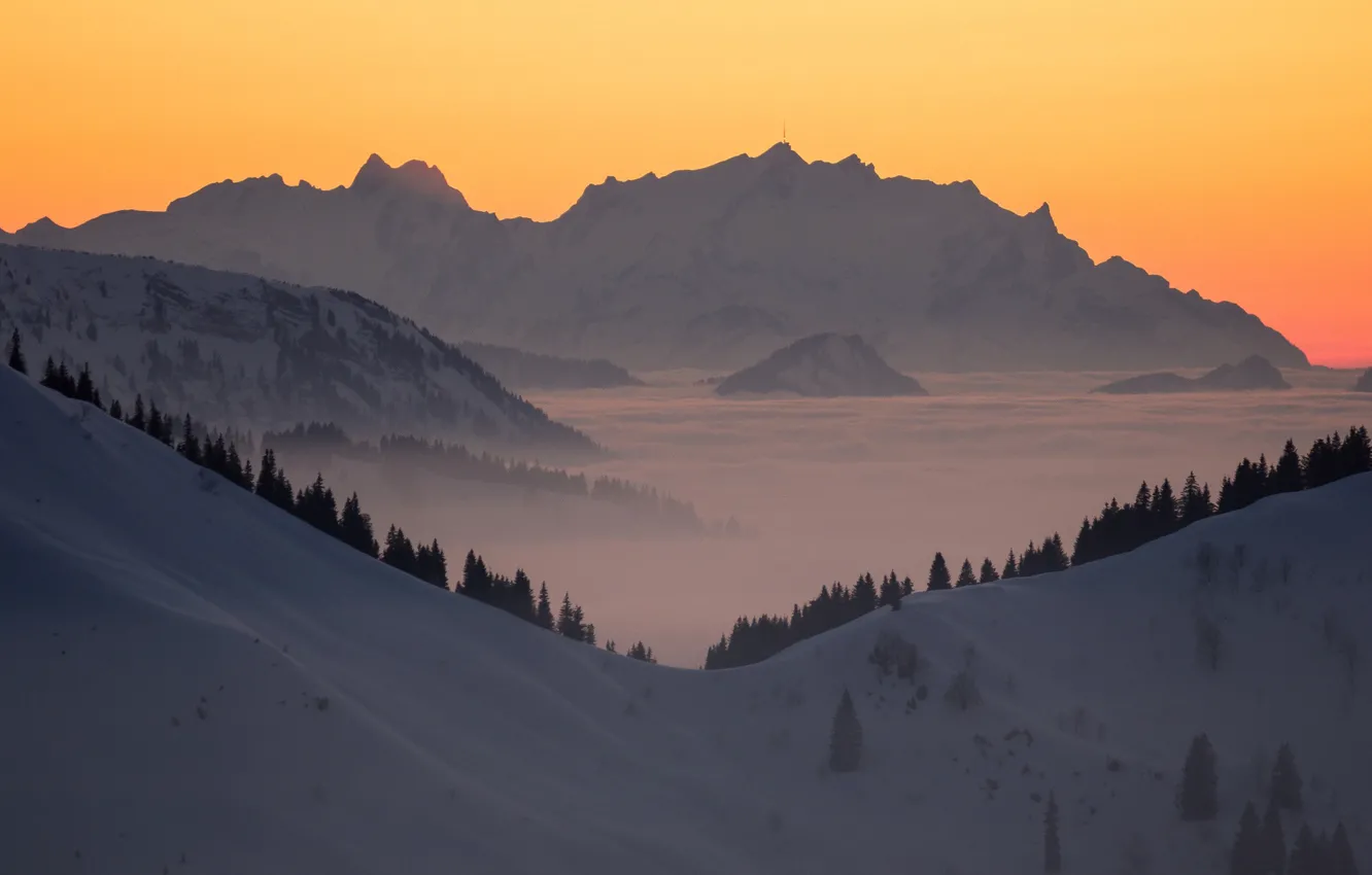 Фото обои снег, деревья, горы, восход, рассвет, Германия, Бавария, Germany