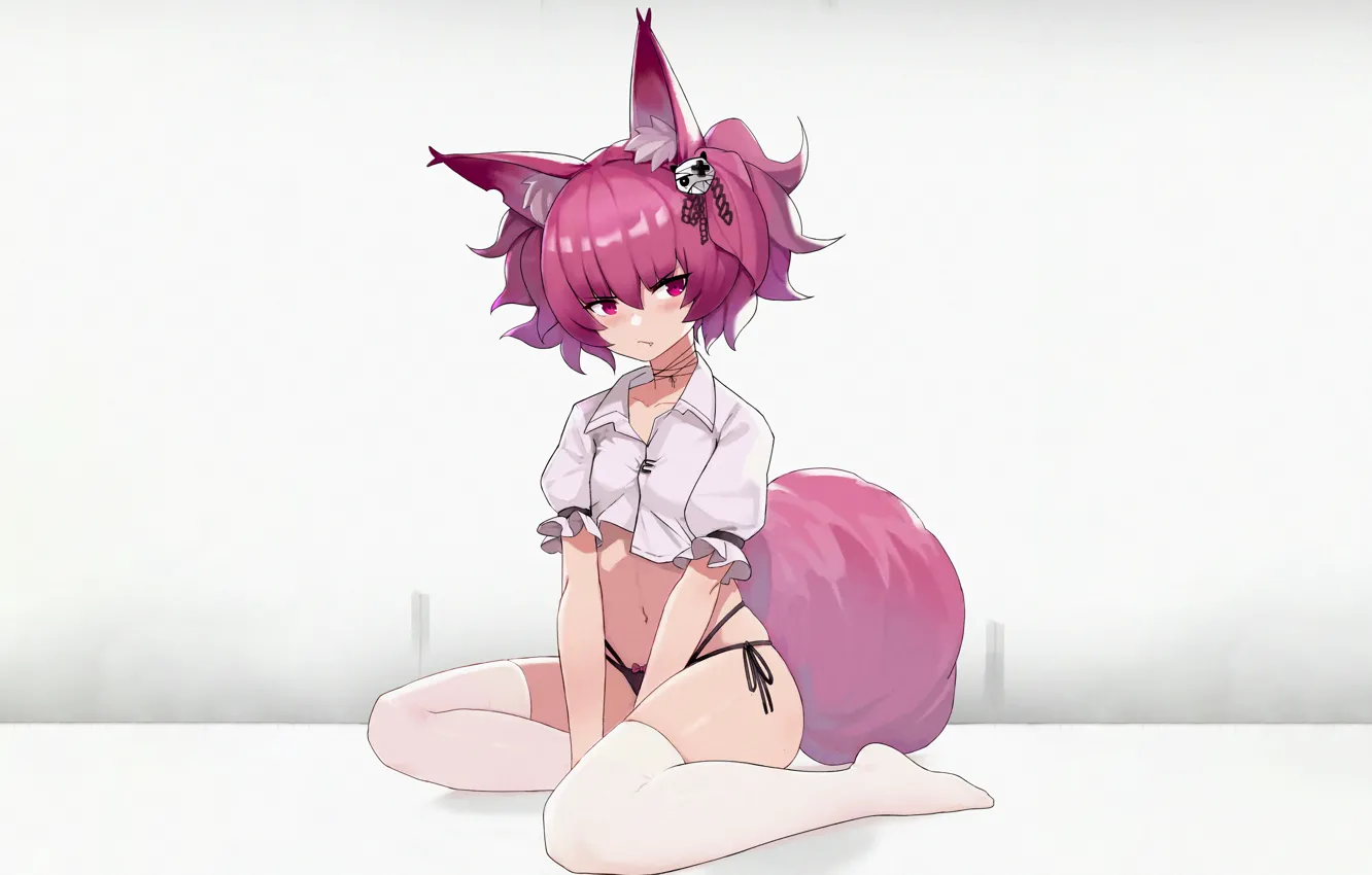 Фото обои girl, sexy, lingerie, pantsu, blouse, panties, thighhighs, pink hair