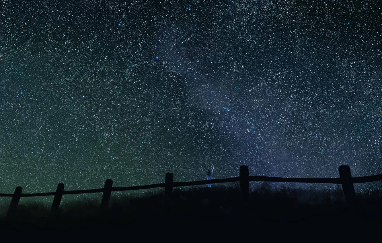 Фото обои небо, девушка, звезды, ночь, забор, аниме, арт, mutsuki hikari
