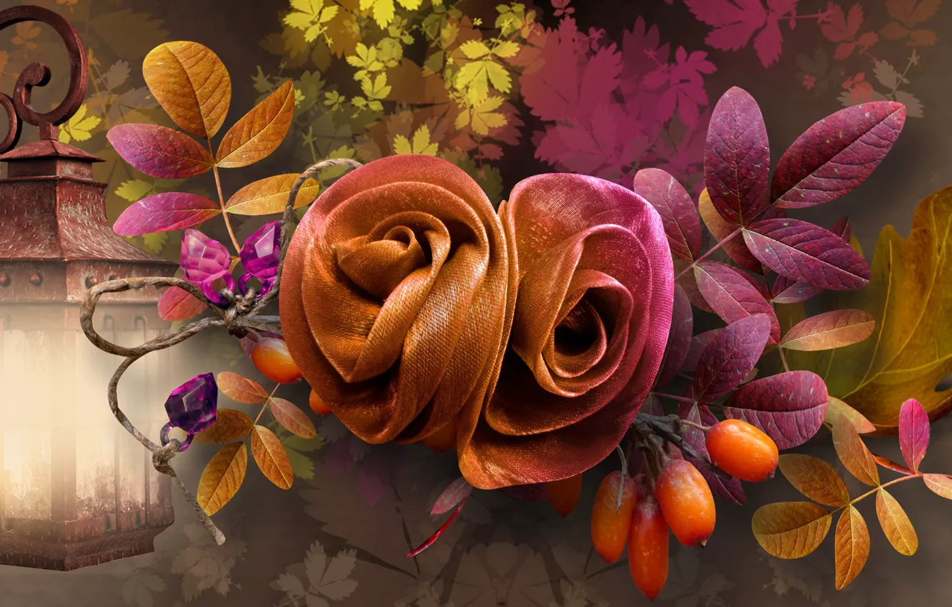 Фото обои осень, листья, коллаж, плоды, фонарь, ткань